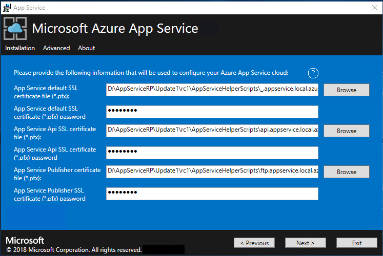 Screenshot des Bildschirms, auf dem Sie die Details der erforderlichen Zertifikate im App Service Installer angeben