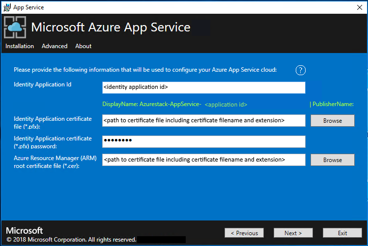 Screenshot: Bildschirm, auf dem Sie die Details der Microsoft Entra-/ADDFS-Identitätsanwendung und des Azure Stack-Resource Manager-Zertifikats im App Service-Installationsprogramm angeben