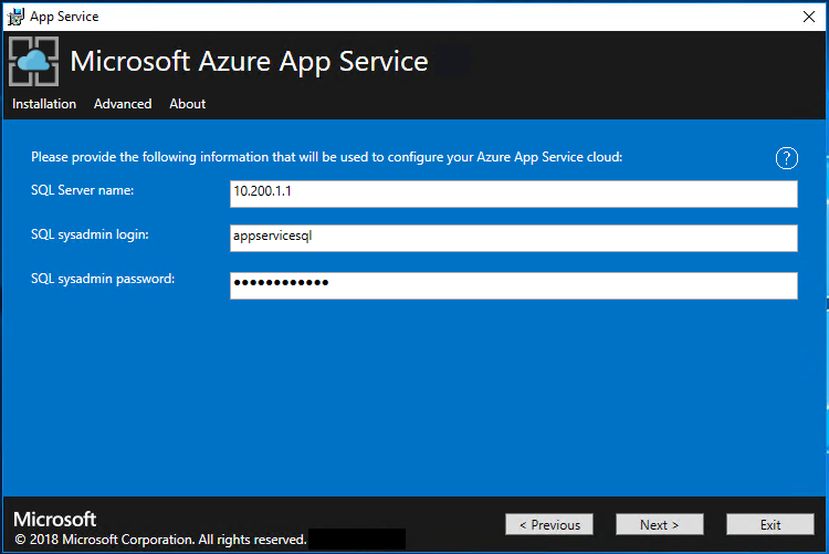 Screenshot des Bildschirms, auf dem Sie die Verbindungsdetails für SQL Server im App Service Installer angeben