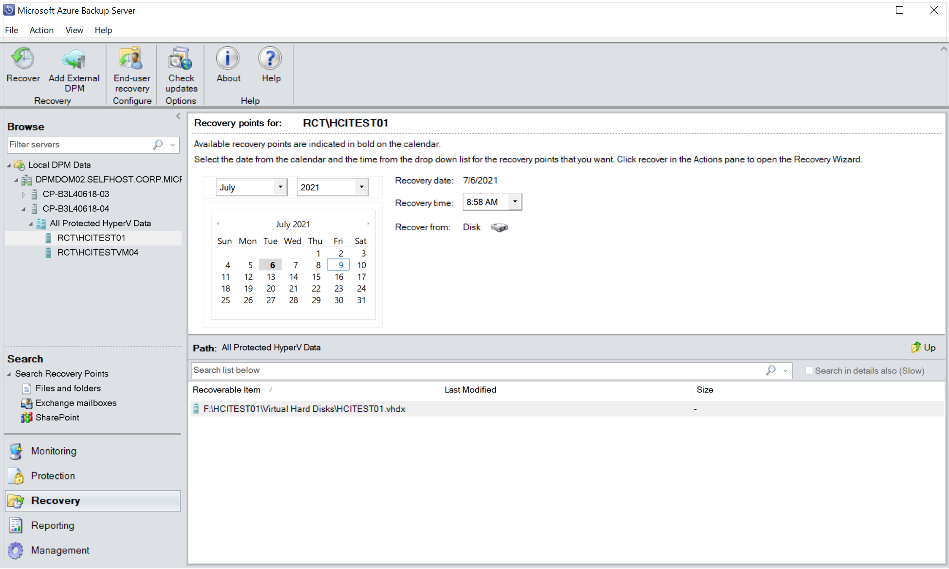 Screenshot: Wiederherstellen von Dateien von einer Hyper-V-VM über den Bereich „Wiederherstellungspunkte für“