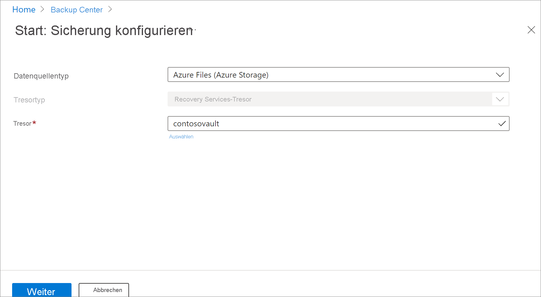 Screenshot: Auswählen von „Azure Files“.