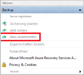 Screenshot von Azure Backup mit hervorgehobener Option „Daten wiederherstellen“ (Wiederherstellen auf demselben Computer)