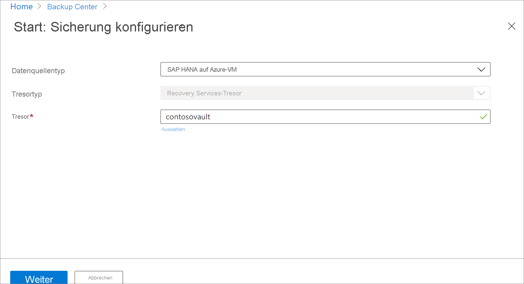 Screenshot: Auswählen einer SAP HANA-Datenbank auf einem virtuellen Azure-Computer.