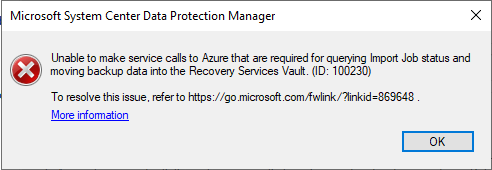 Screenshot des Fehlerbildschirms für den Azure Recovery Services-Agent.