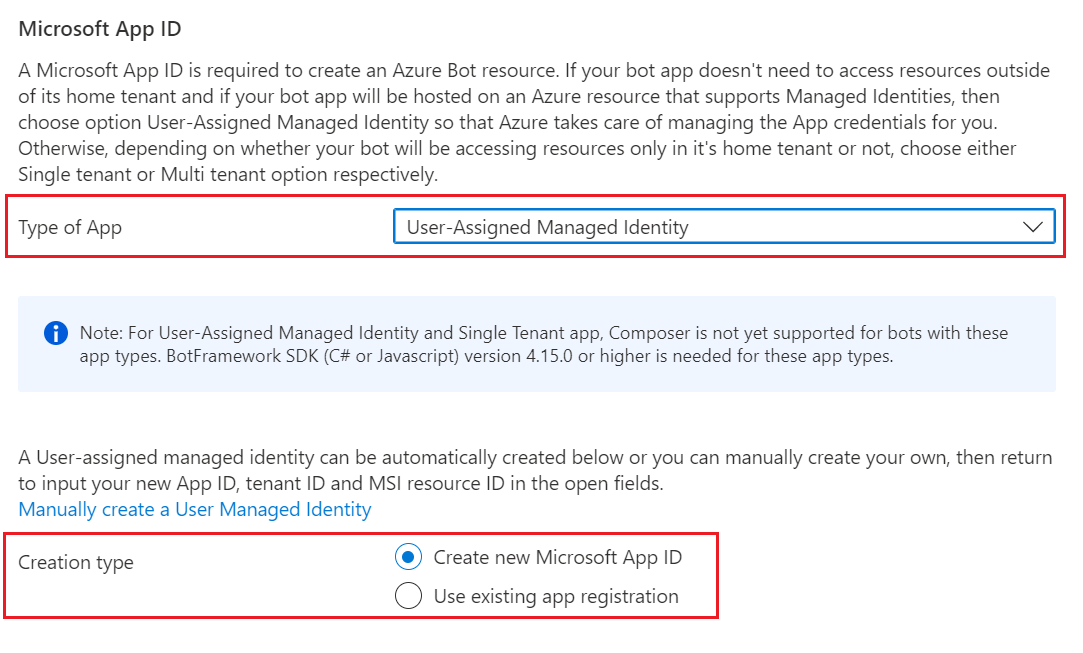 The Microsoft app ID settings for an Azure Bot resource