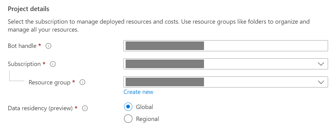 The project details settings for an Azure Bot resource
