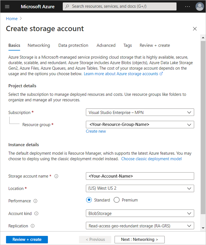 Screenshot des Erstellens eines Azure Storage-Kontos.