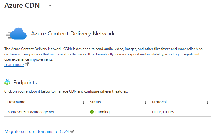 Screenshot des neuen Azure Content Delivery Network-Endpunkts in der Liste.