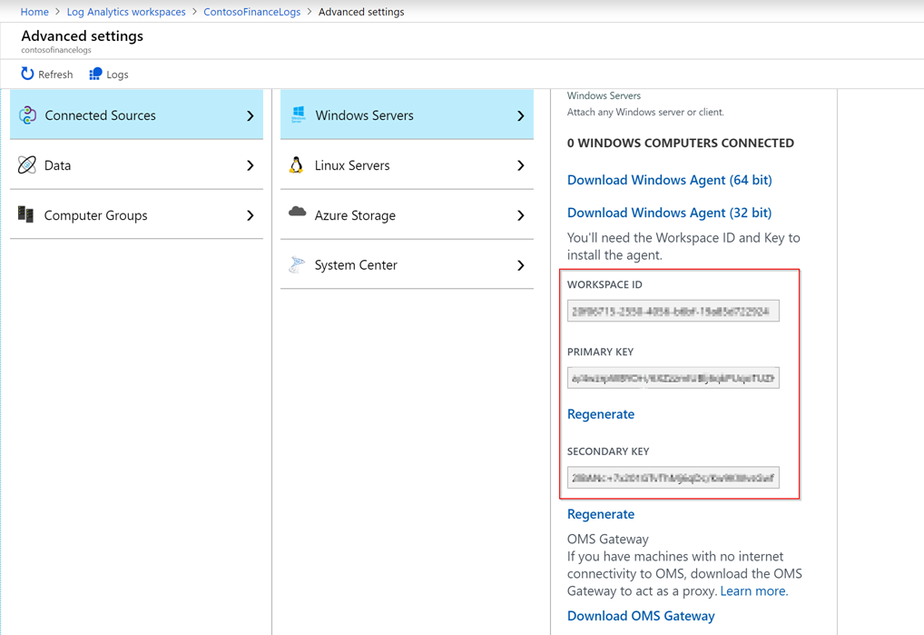 Screenshot of Log Analytics workspace advanced settings in the Azure portal