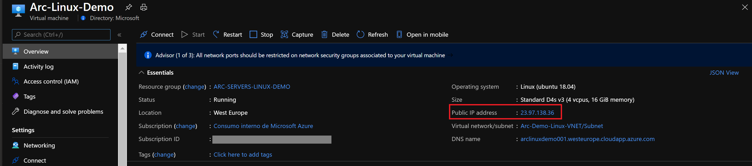 A screenshot of an Azure VM public IP address.