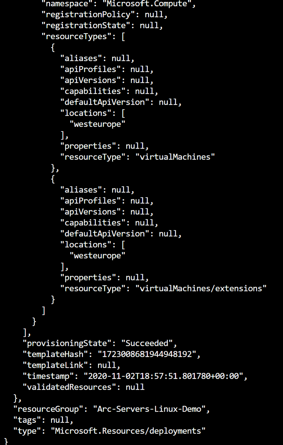 A screenshot of an output from an ARM template.