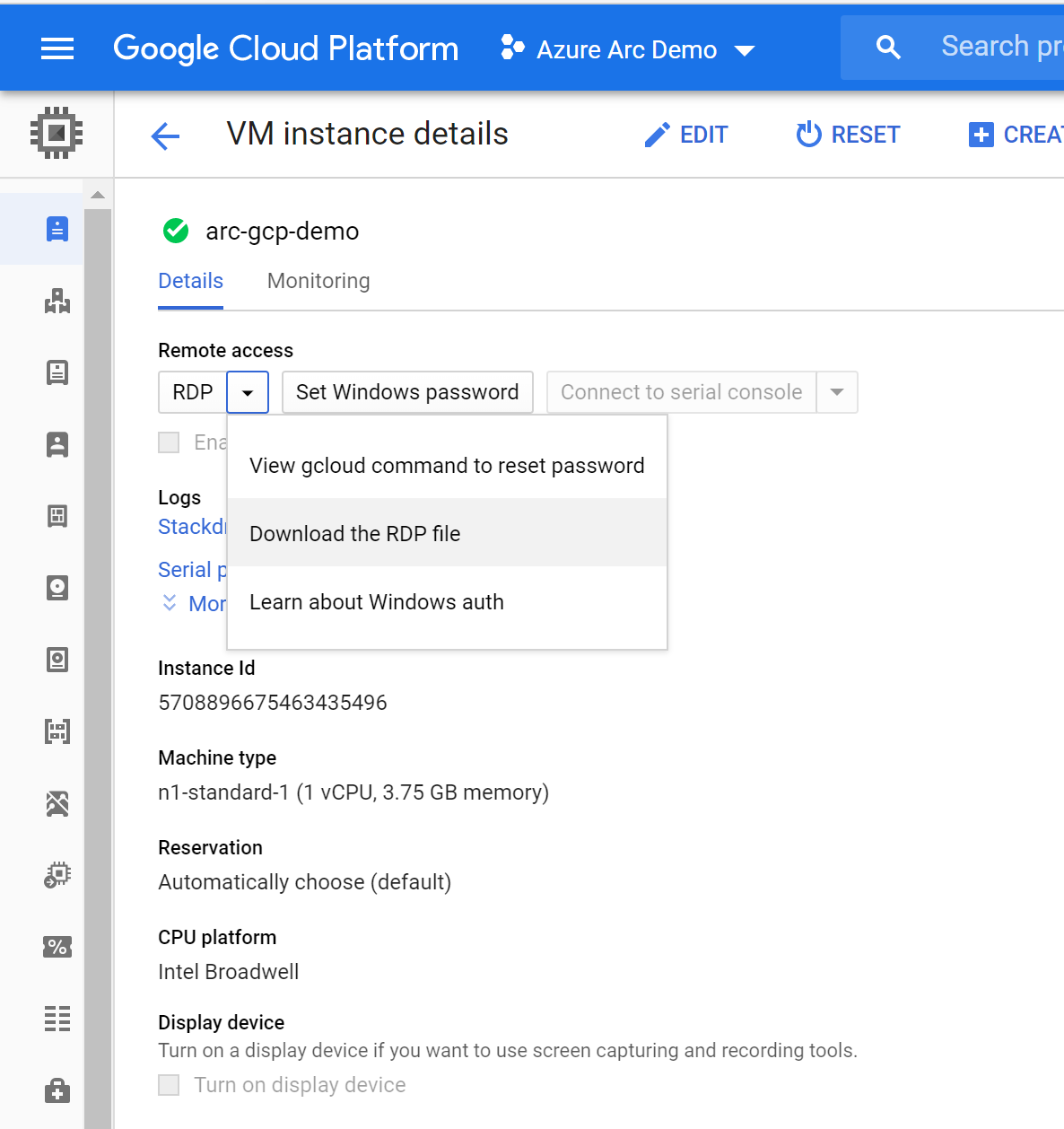 A screenshot showing how to RDP into a GCP instance.
