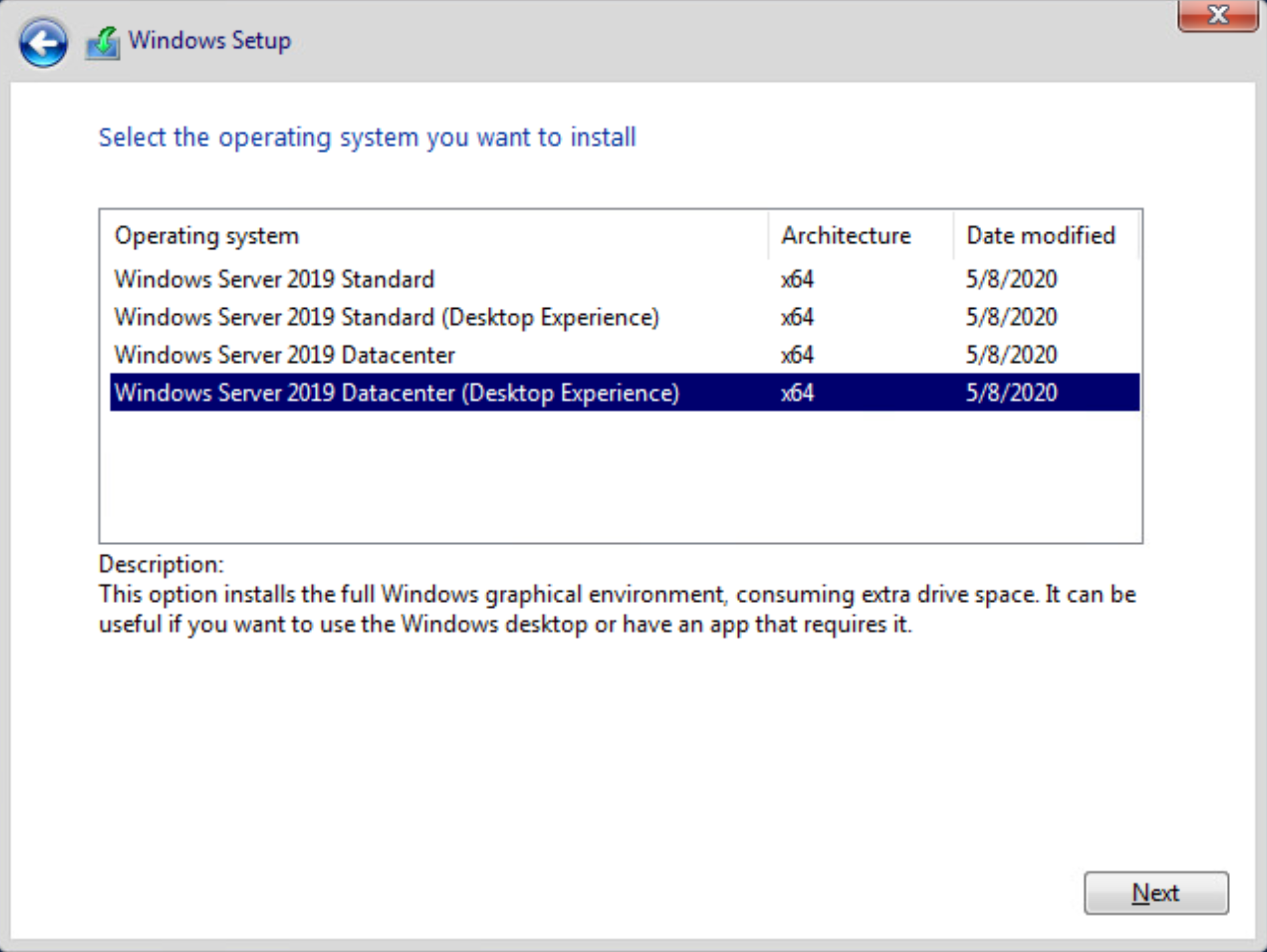 Screenshot des Windows-Setup-Fensters, in dem Sie auswählen, welches Betriebssystem Sie installieren möchten.