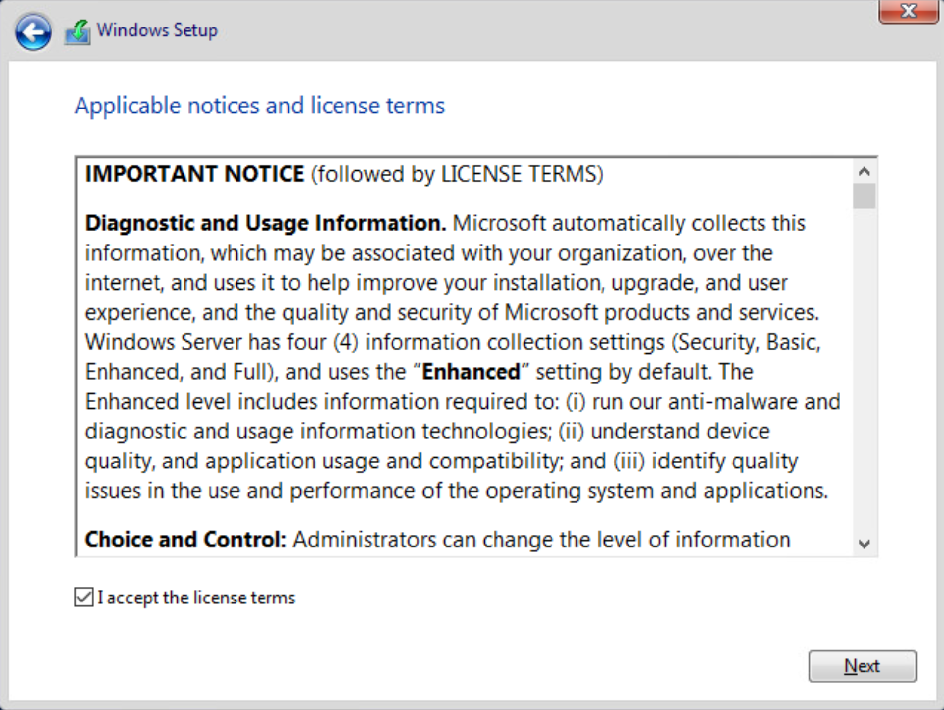Screenshot des Windows-Setup-Fensters mit den entsprechenden Hinweisen und Lizenzbedingungen.