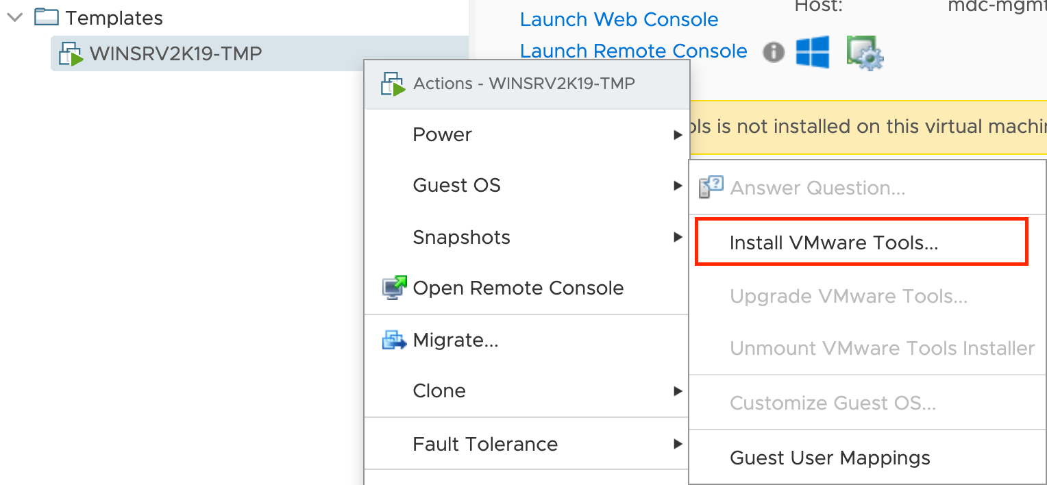 Der Screenshot zeigt die Position der Schaltfläche „VMware-Tools installieren“.