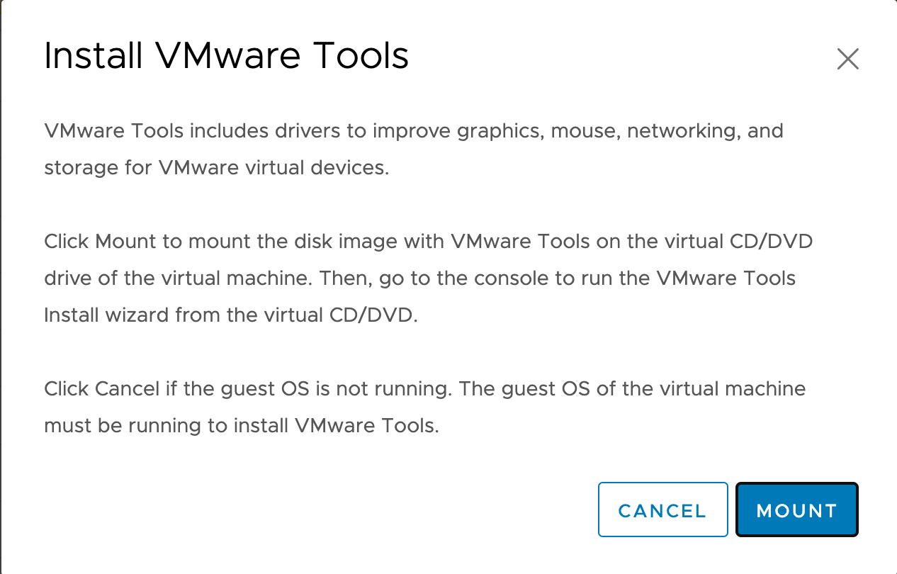Screenshot mit Installationsanweisungen für VMware-Tools.