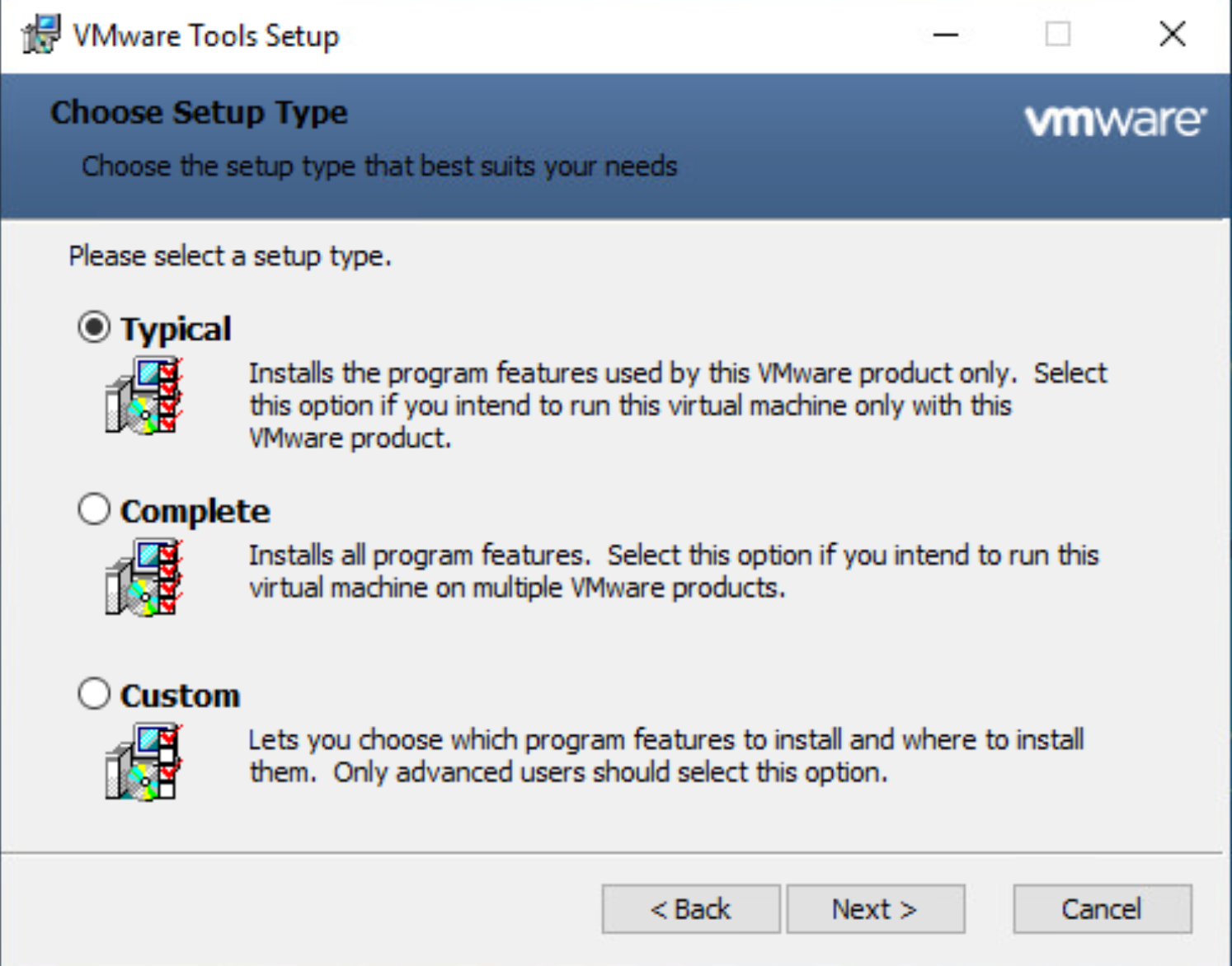 Screenshot des VMware Tools Setup-Fensters, in dem Sie den Installationstyp „Typisch“ auswählen.