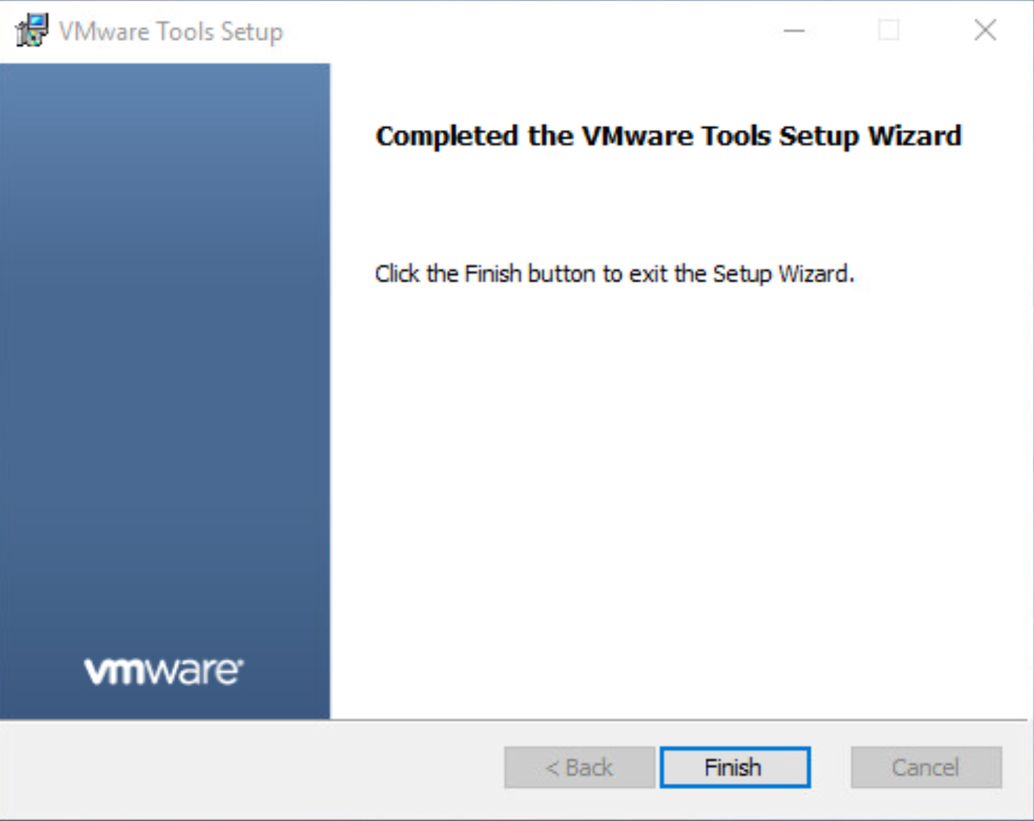 Screenshot des VMware Tools Setup-Fensters, in dem angezeigt wird, dass die Einrichtung abgeschlossen ist.