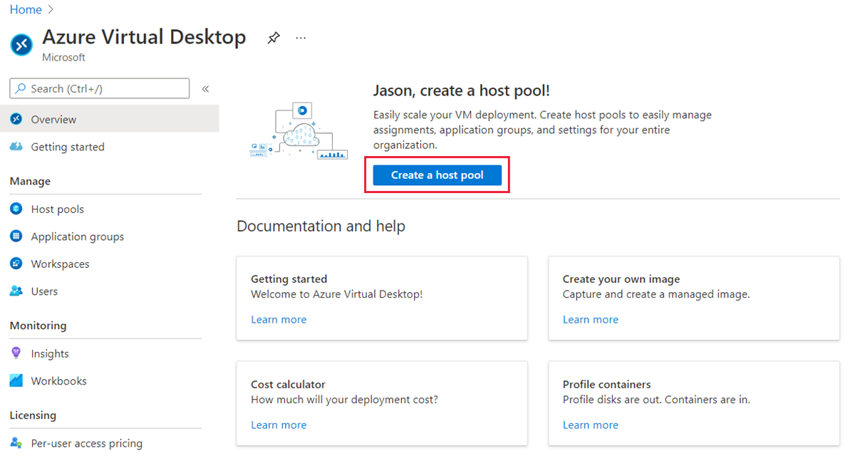 Screenshot that shows creating a host pool in Azure Virtual Desktop.