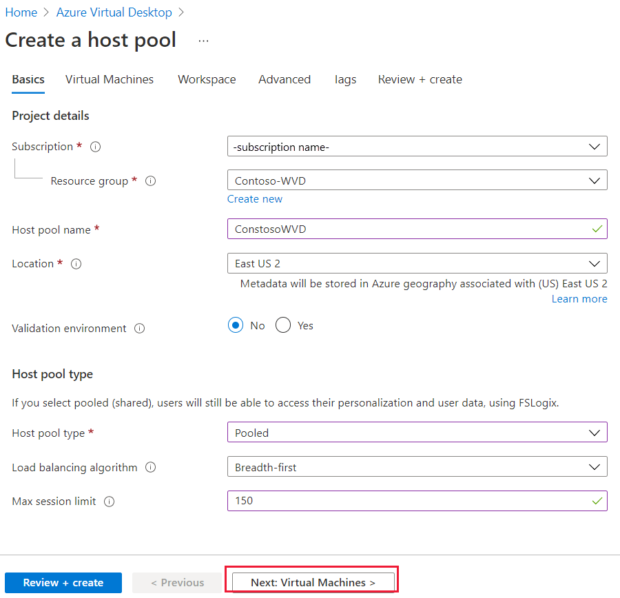 Screenshot that shows the configuration for host pool basics.