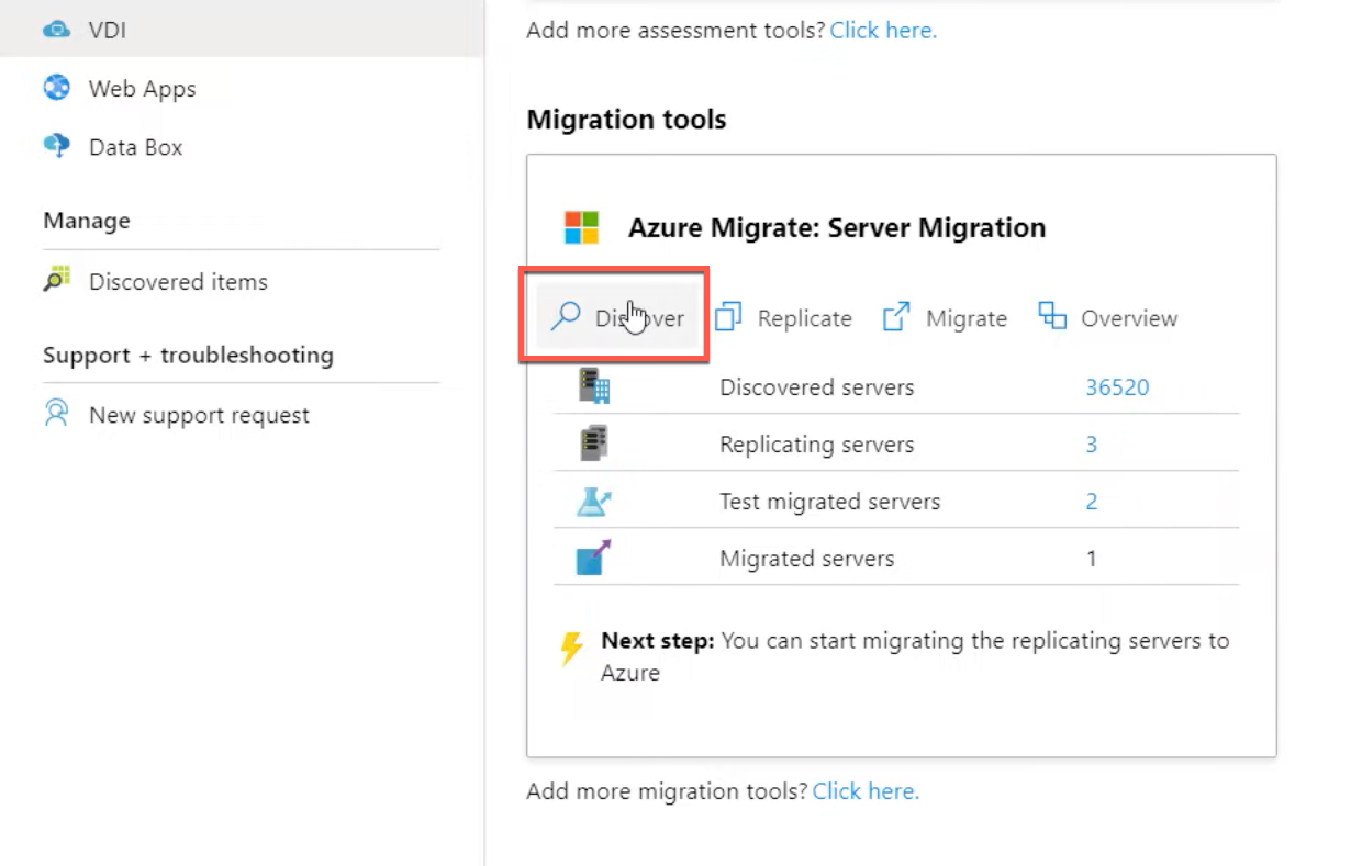 Screenshot of the Azure Migrate: Server Migration discover option.