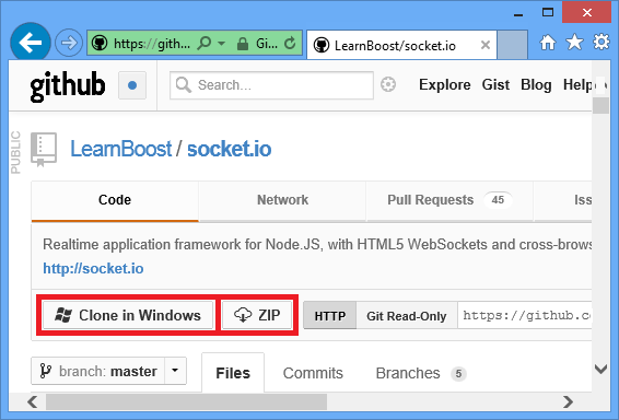 Ein Browserfenster mit https://github.com/LearnBoost/socket.io/tree/master/examples/chat, in dem das ZIP-Downloadsymbol hervorgehoben ist