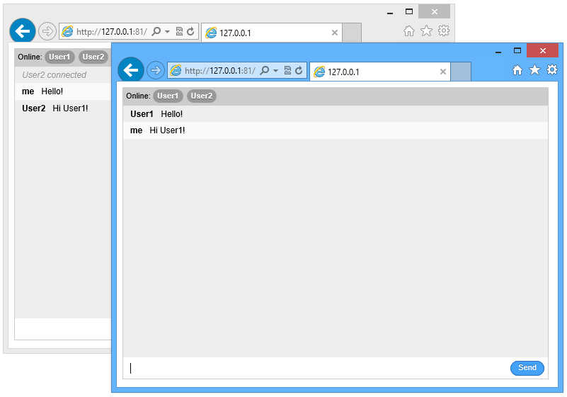 Zwei Browserfenster, in denen Chat-Nachrichten von Benutzer1 und Benutzer2 angezeigt werden