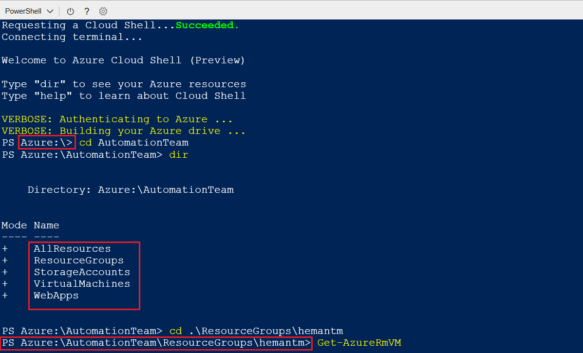 Screenshot of an Azure Cloud Shell being initialized and a list of directory resources.