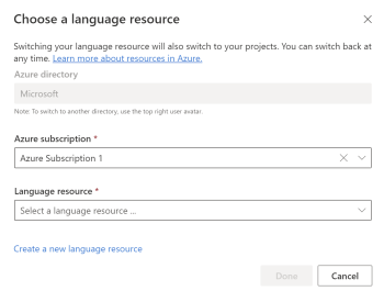 A screenshot showing the resource selection screen in Language Studio.