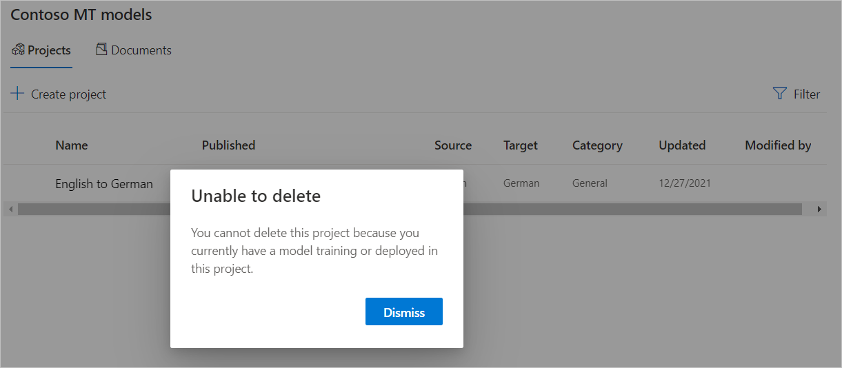 Screenshot illustrating the unable to delete message.
