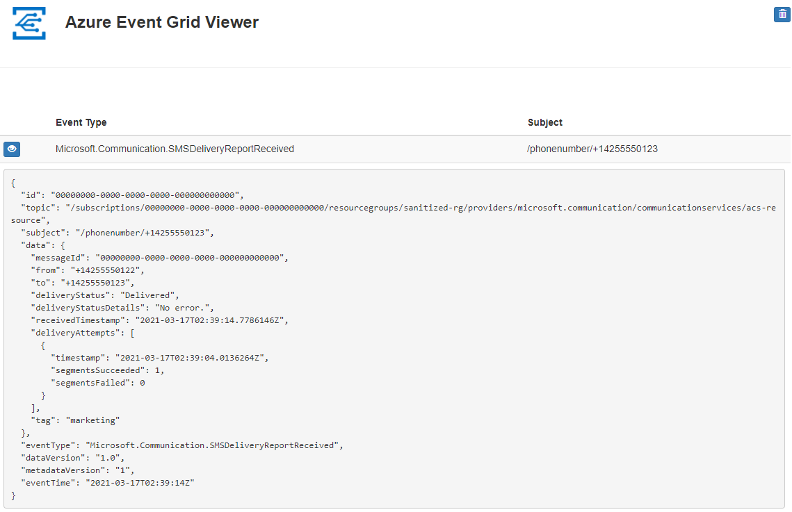Screenshot: Azure Event Grid-Viewer, der das Event Grid-Schema für ein Ereignis für SMS-Zustellberichte anzeigt
