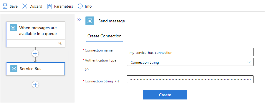 Screenshot: Workflow des Tarifs „Standard“, integrierte Service Bus-Aktion und Beispielverbindungsinformationen