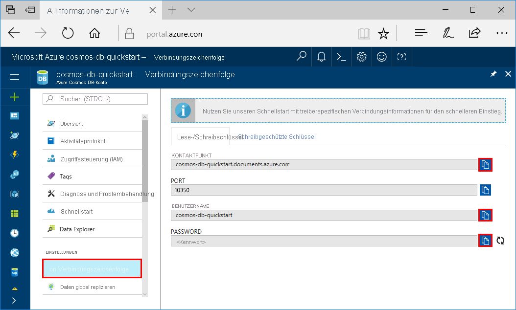 View and copy an access key in the Azure portal, Connection String page