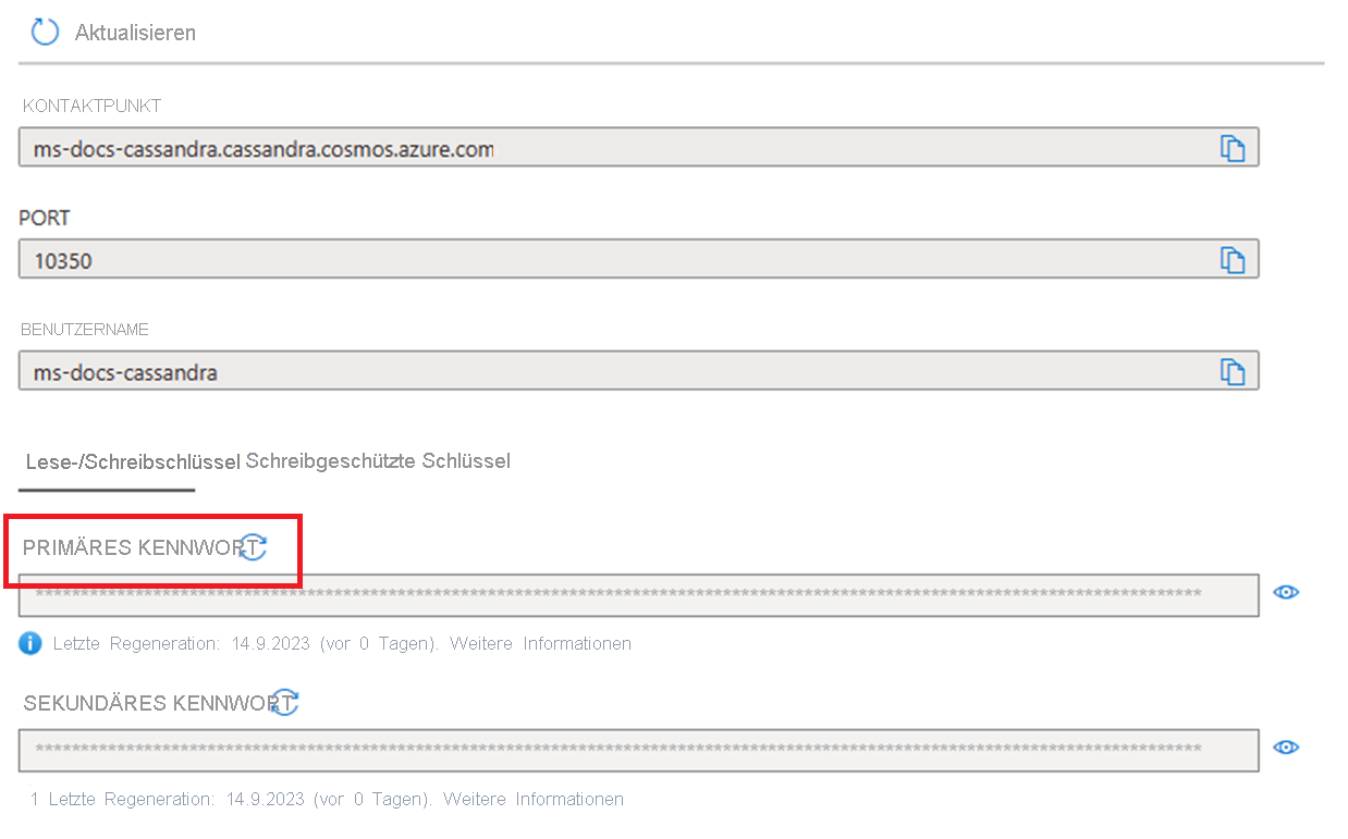 Screenshot showing how to regenerate the primary key in the Azure portal when used with Cassandra.