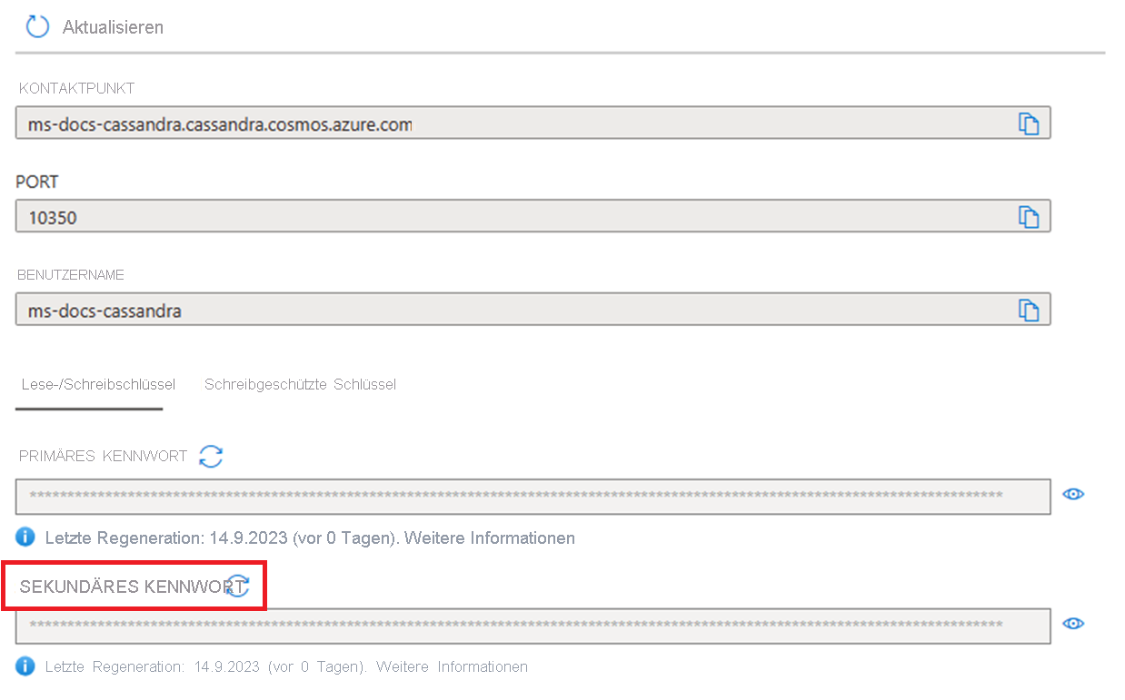Screenshot showing how to regenerate the secondary key in the Azure portal when used with Cassandra.