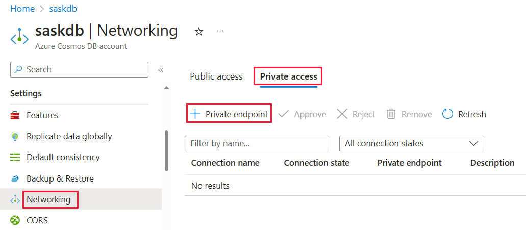 Selections for create a private endpoint in the Azure portal