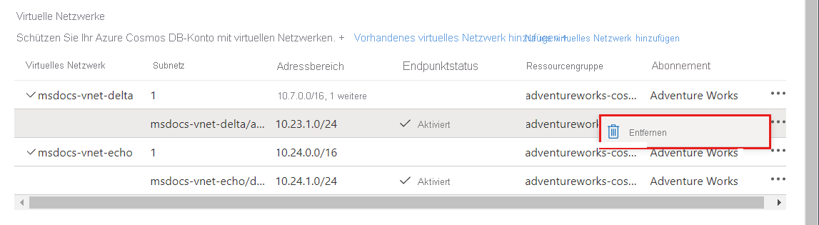 Screenshot of the menu option to remove an associated Azure Virtual Network.