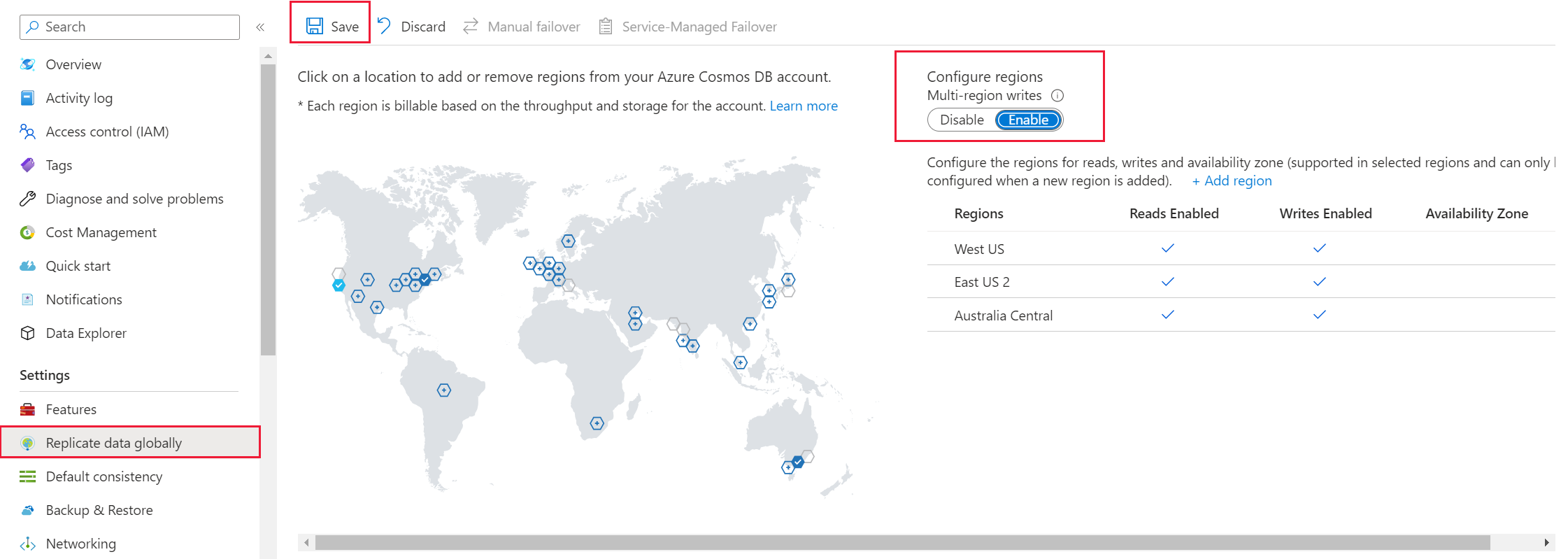 Screenshot: Menü „Daten global replizieren“ mit den hervorgehobenen Optionen „Regionen konfigurieren“ und „Speichern“.