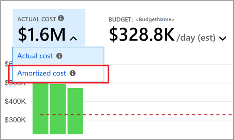 Screenshot, der zeigt, wo Sie in der Kostenanalyse amortisierte Kosten auswählen können