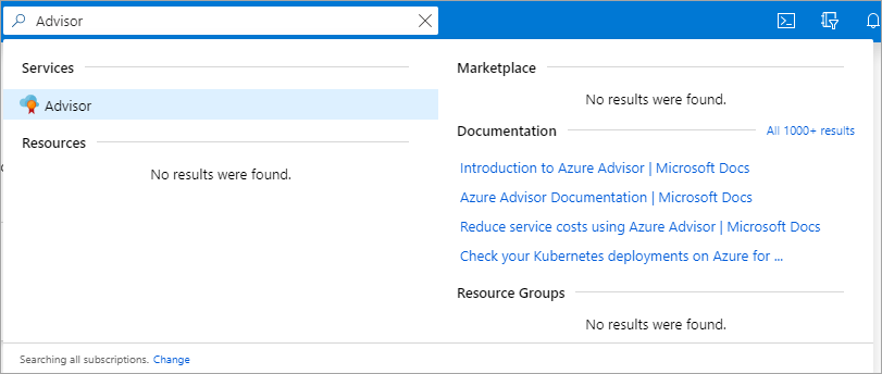 Screenshot der Azure Advisor-Schaltfläche im Azure-Portal.