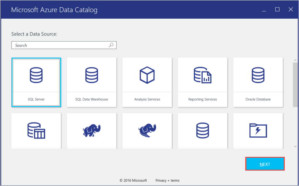 Auf der Seite „Microsoft Azure Data Catalog“ ist die Schaltfläche „SQL Server“ ausgewählt. Dann wird die nächste Schaltfläche ausgewählt.