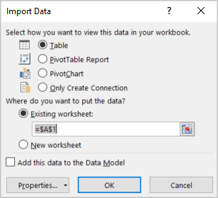 Im Dialogfeld „Daten importieren“ ist „OK“ ausgewählt.