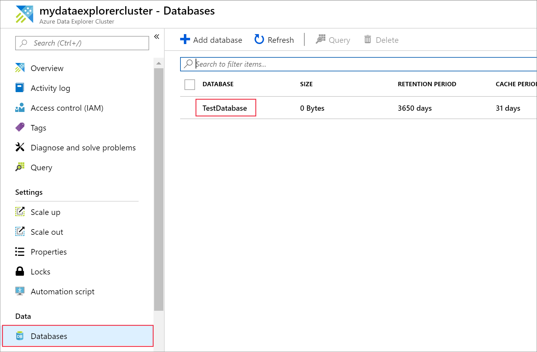 Screenshot: Linkes Menü der Azure Data Explorer-Webbenutzeroberfläche mit dem ausgewählten Element „TestDatabase“