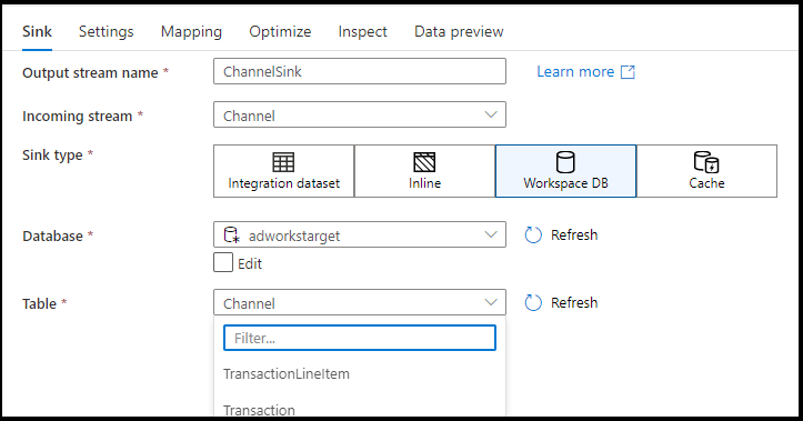 Screenshot that shows workspace db selected.