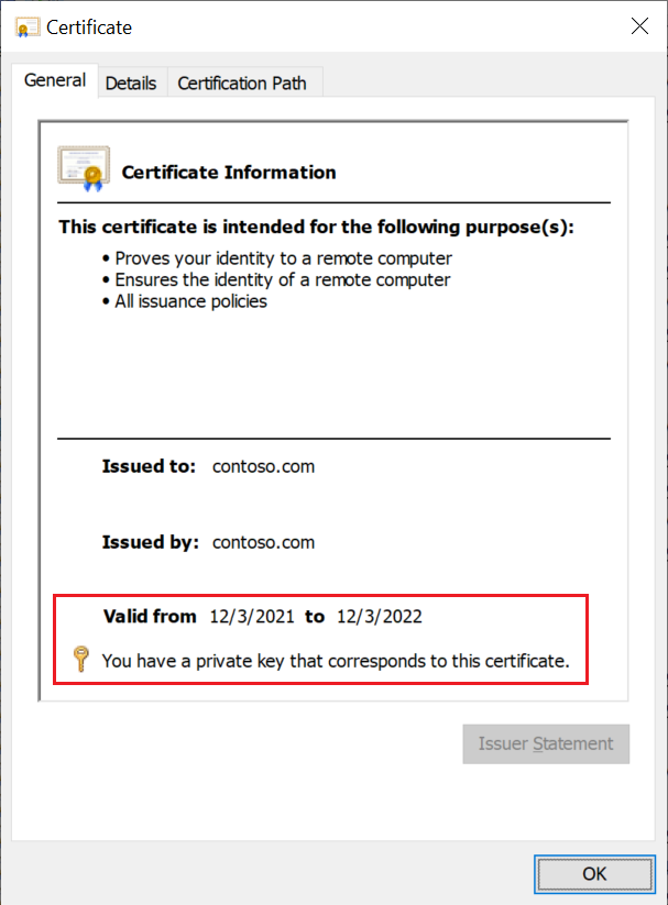 Screenshot: Überprüfen, ob das Zertifikat über einen privaten Schlüssel verfügt und nicht abgelaufen ist.