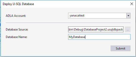 Data Lake Tools für Visual Studio: Assistent zum Bereitstellen eines U-SQL-Datenbankprojekts