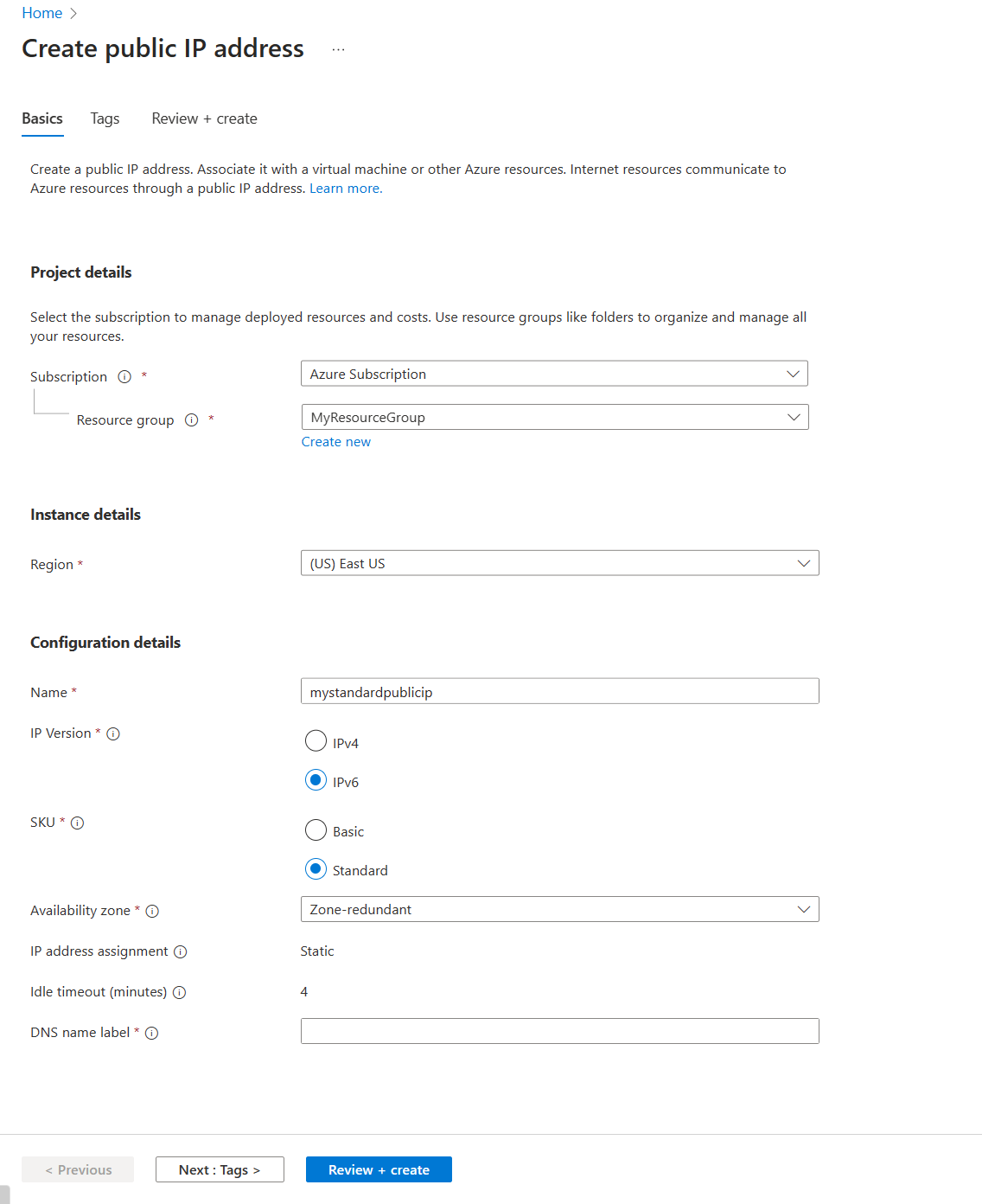 Screenshot: Erstellen einer Standard-IP-Adresse im Azure-Portal.