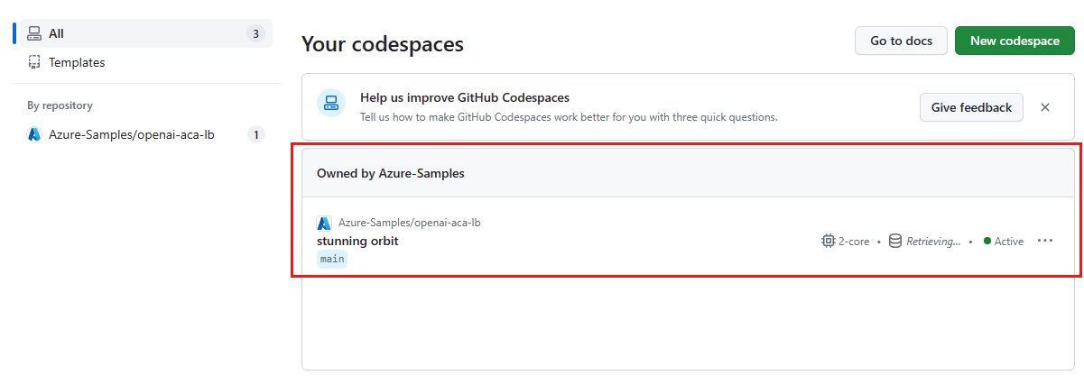 Screenshot aller ausgeführten Codespaces einschließlich status und Vorlagen.