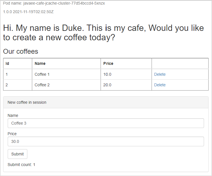 Screenshot der Beispielanwendung, in der neue Kaffee erstellt und in der Sitzung der Anwendung beibehalten wird.