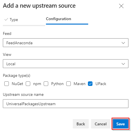 A screenshot showing how to set up a new Universal Packages upstream source.